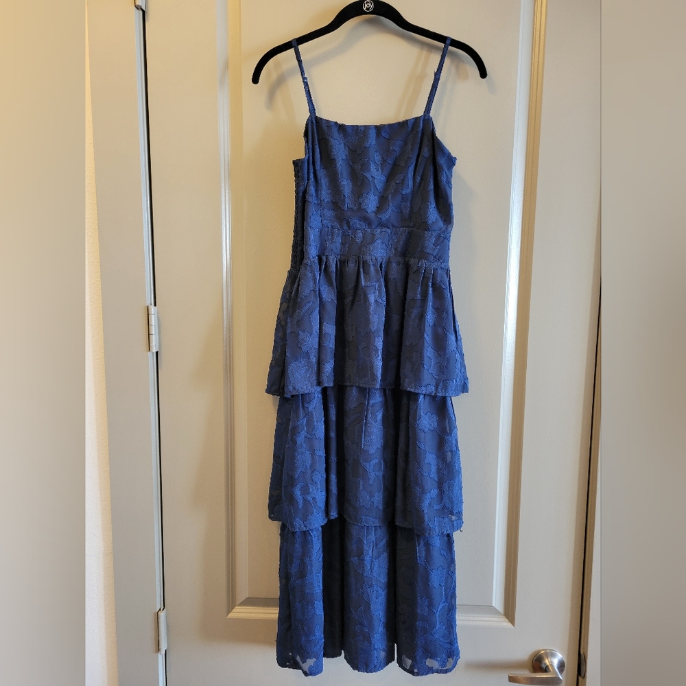 Lulu's Medium Navy Blue Grace and Beauty Burnout Floral Print Tiered Dress